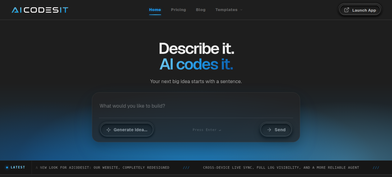 The redesigned AICODESIT homepage with its dark hero, blue headline accents and idea prompt