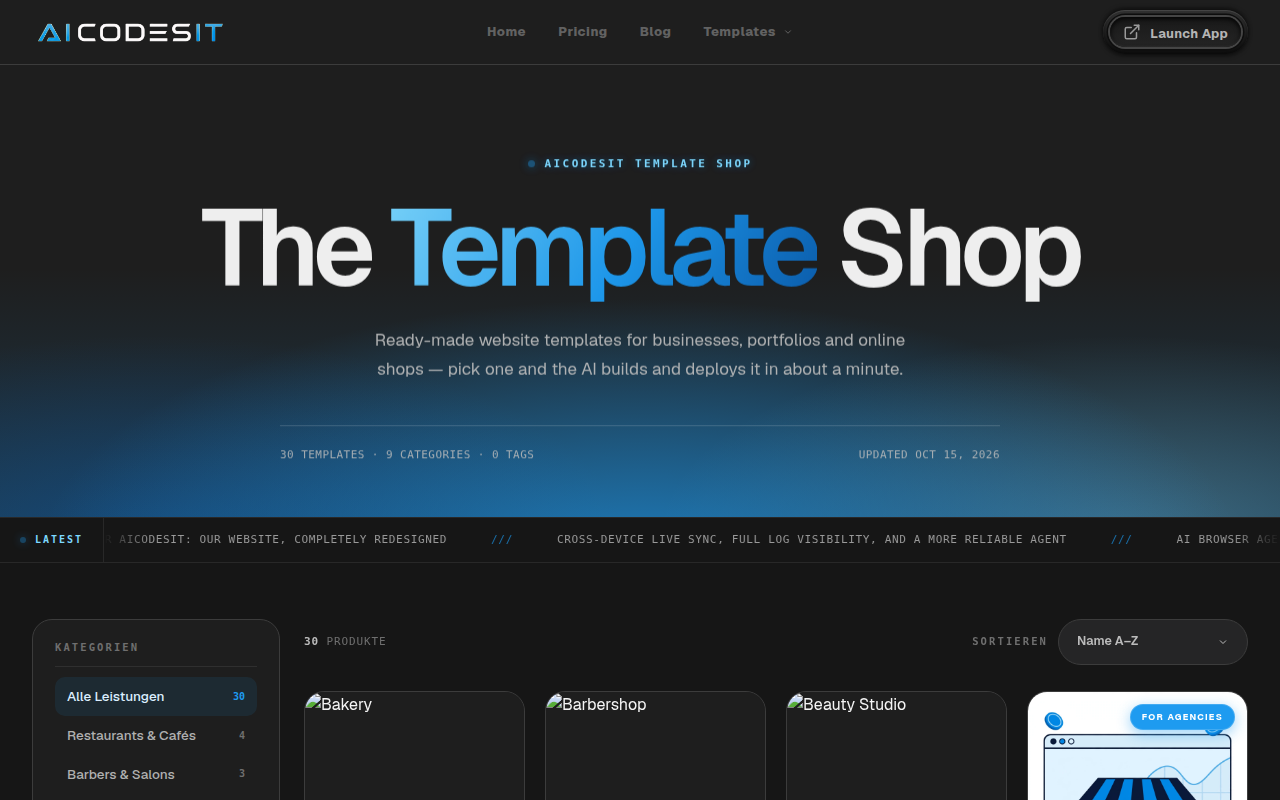 The redesigned AICODESIT Newsroom with a blue-gradient title and featured articles