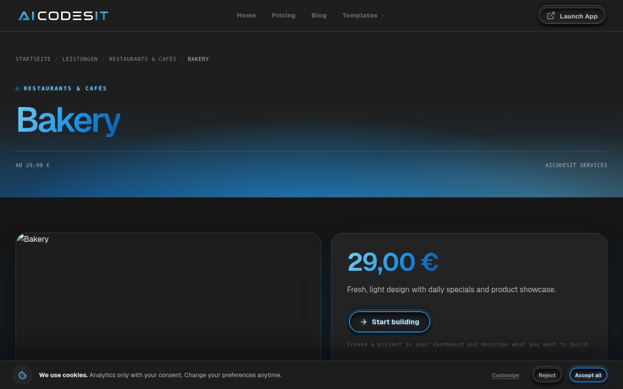 The AICODESIT template shop using the shared charcoal and electric-blue design