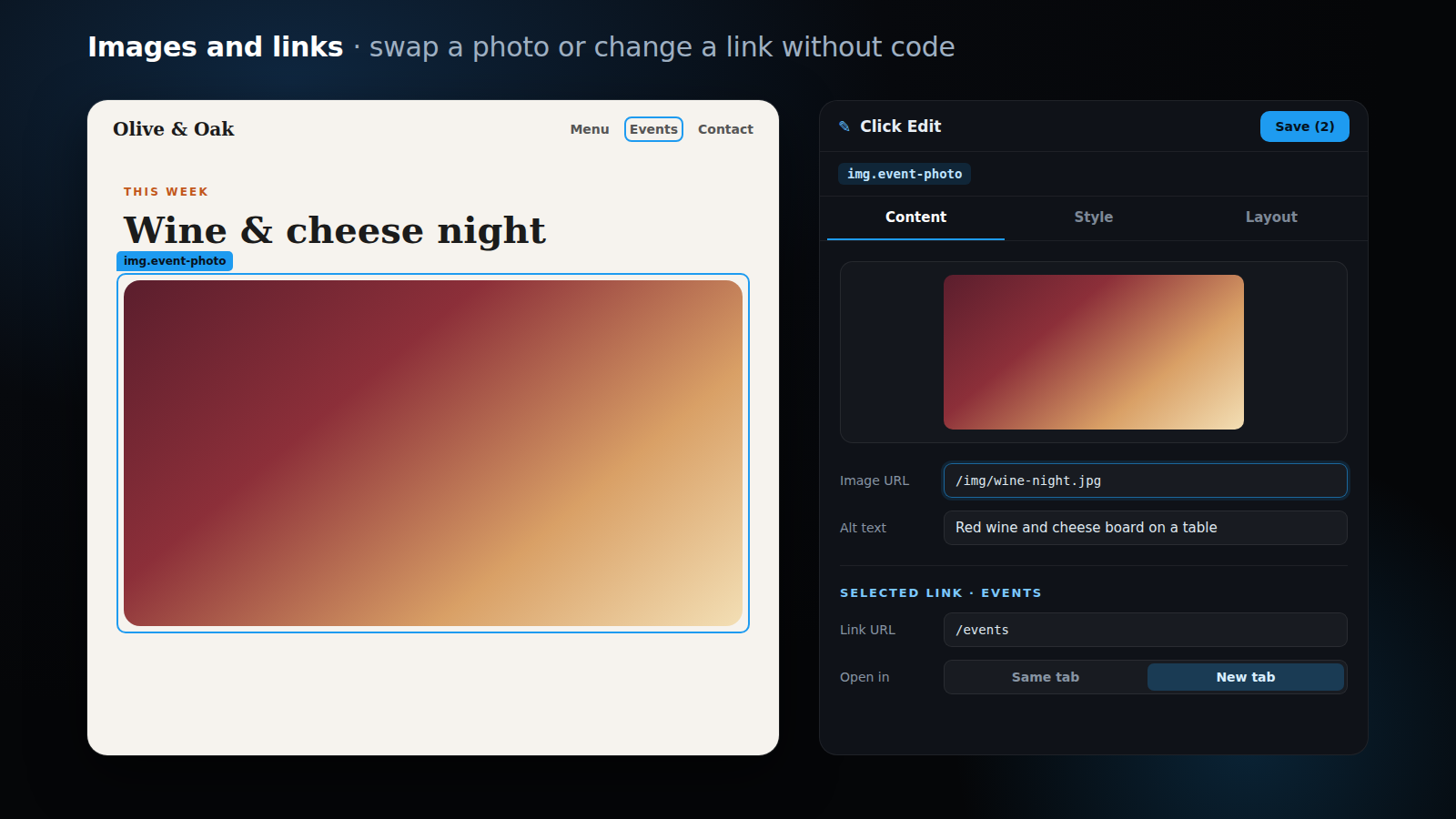 Visual website editor image and link settings: image URL, alt text and open-in-new-tab options for a selected photo