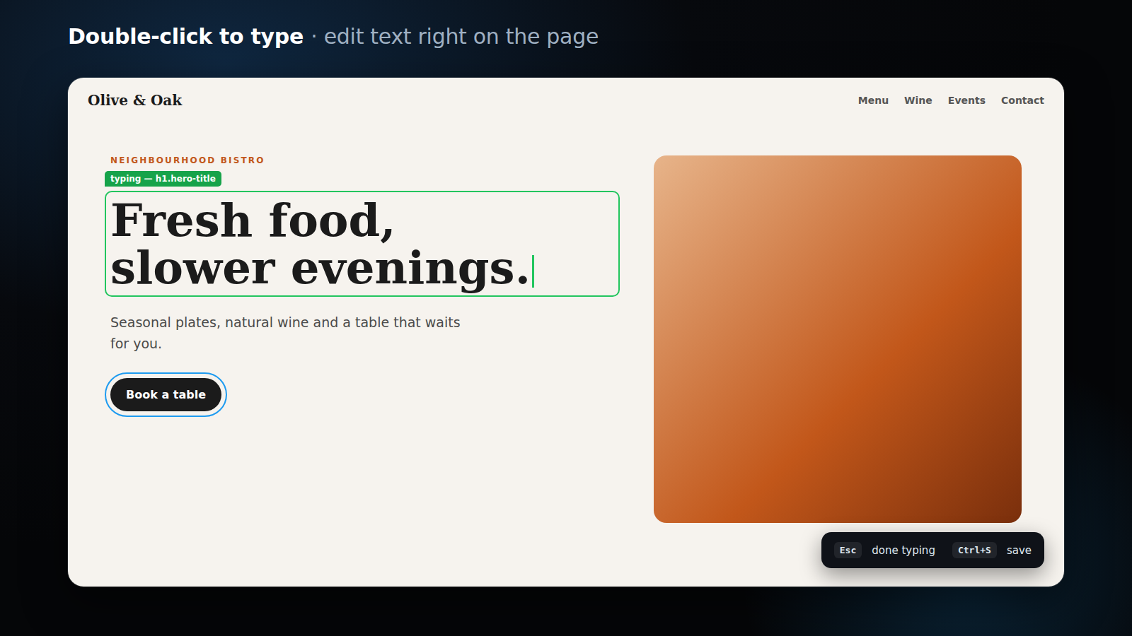 Visual website editor inline typing: a heading being edited directly on the page with a green typing outline
