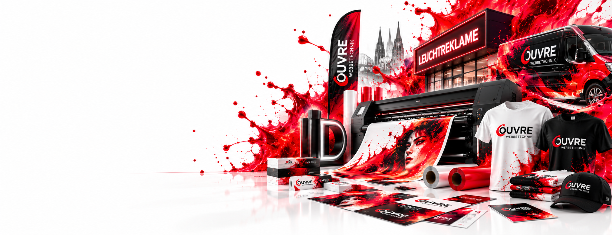 Werbetechnik Dortmund — Digitaldruckmaschine mit roter Farbspritzer-Werbung von Louvre Werbetechnik