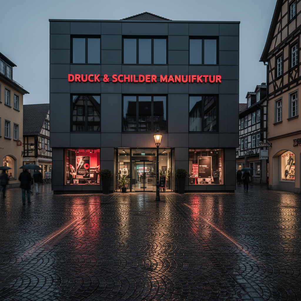 Werbetechnik Dortmund — Studiofassade der Louvre Werbetechnik mit roter Leuchtwerbung